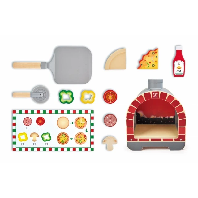 Interactive wooden set, Hape, Pizza oven with accessories, 23 pieces