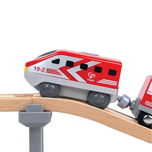 Междуградски локомотив с батерия, Hape, 12 x 4 x 5 см, Червен