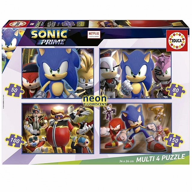 Прогресивен пъзел Sonic Prime 4 в 1 Neon, 50/80/100/150 части