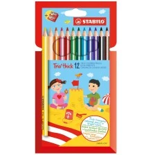 Комплект цветни моливи и острилка, Stabilo, Trio Thick, 12 цвята