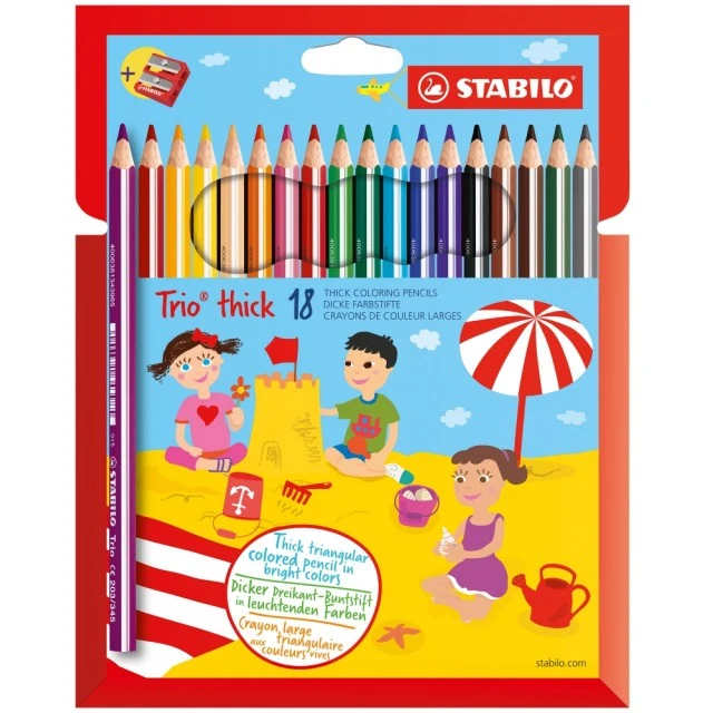 Комплект цветни моливи и острилка, Stabilo, Trio Thick, 18 цвята