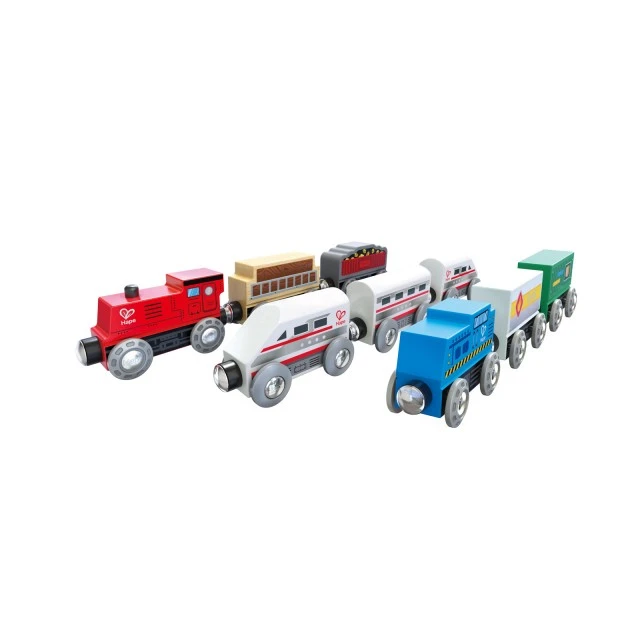 Childrens play set Shelf with wooden trains, 19 parts