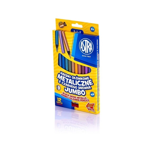 Jumbo metallic triangular colouring pencils, black wood 12 colours + sharpener