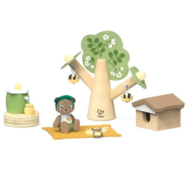 Interactive wooden set, Hape, Picnic with bees and beehive, 15 pieces