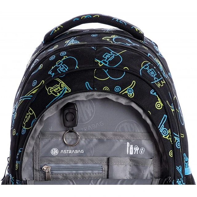 School backpack, Astra, AB330, Skateboards with neon effect, 39x28x15cm