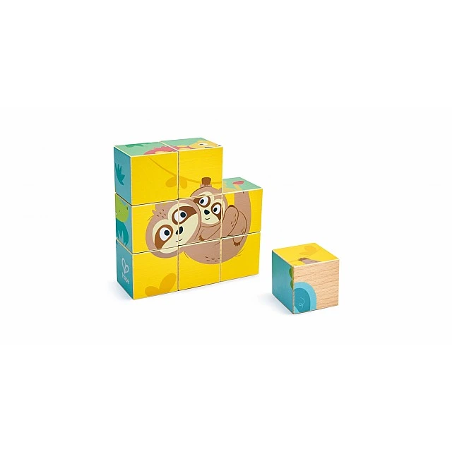 Дървен пъзел с кубчета, Hape, Диви животни, 9 части