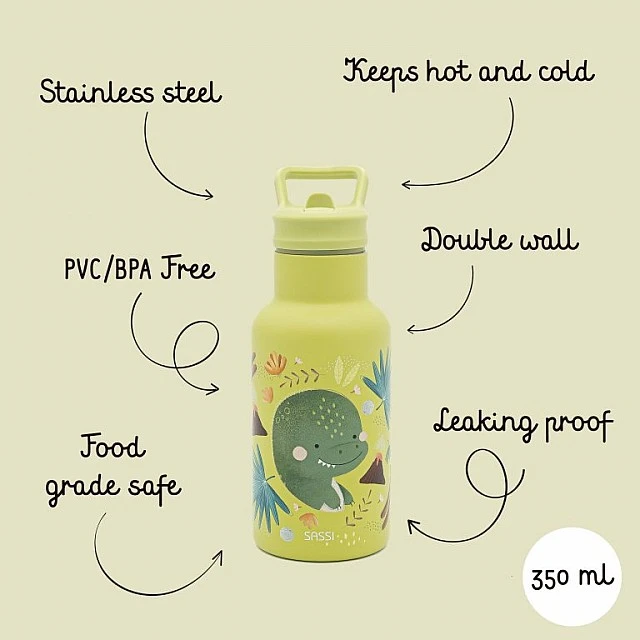 Stainless steel thermos bottle, Sassi, 350ml, Dinosaur