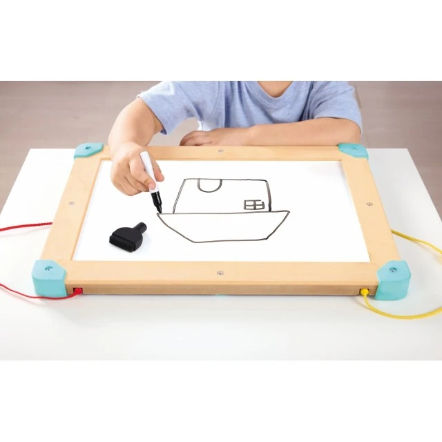 Дървен комплект за игра 2 в 1, Hape, Космически лабиринт и дъска танграм, 15 части