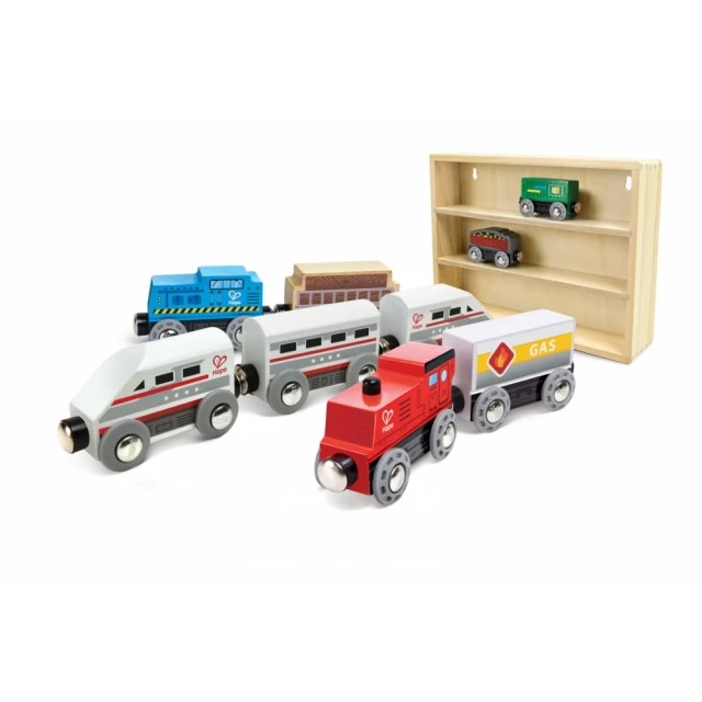 Childrens play set Shelf with wooden trains, 19 parts