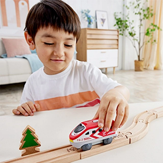 Междуградски локомотив с батерия, Hape, 12 x 4 x 5 см, Червен