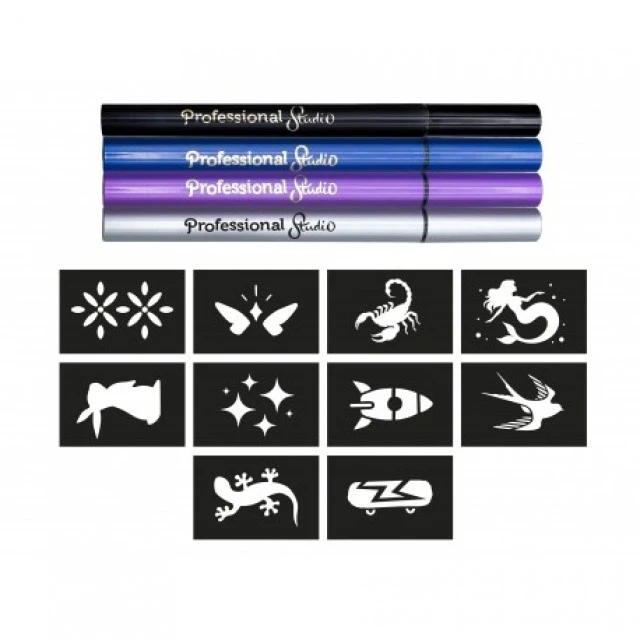 Creative set, Buki France, Tattoo drawing pens with stencils, Silver