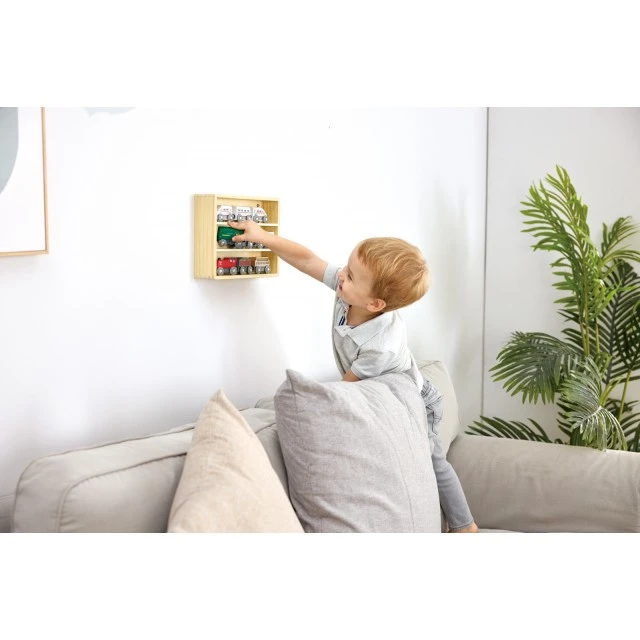 Childrens play set Shelf with wooden trains, 19 parts