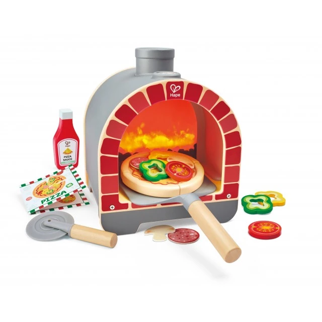 Interactive wooden set, Hape, Pizza oven with accessories, 23 pieces