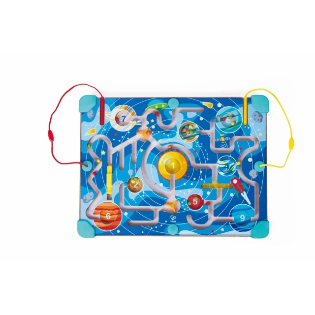 Дървен комплект за игра 2 в 1, Hape, Космически лабиринт и дъска танграм, 15 части
