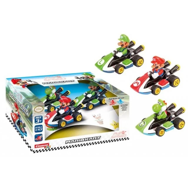 Комплект пулбек колички, Carrera, Super Mario, Марио, Луиджи и Йоши, 3 броя