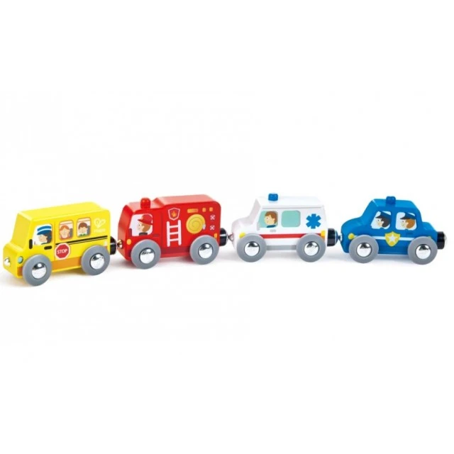 Wooden set, Hape, Train with colorful vehicles, 4 pieces