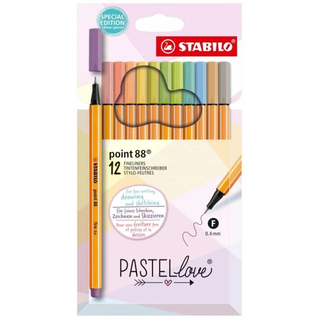 Комплект тънкописци, Stabilo, Point 88 fine 0.4, Pastellove, 12 цвята