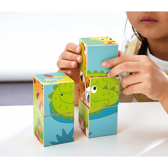 Дървен пъзел с кубчета, Hape, Диви животни, 9 части