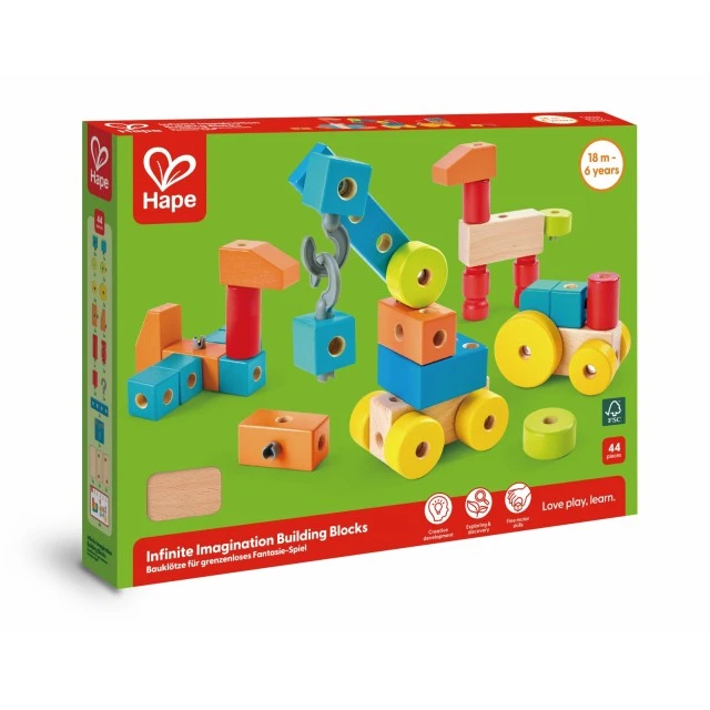Комплект дървени, цветни кубчета, Hape, 44 части