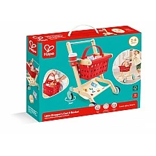 Дървен комплект за игра 2 в 1, Hape, Пазарска количка и кошница