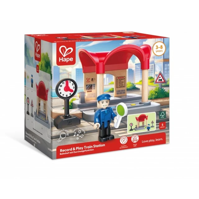 Комплект за игра, Hape, Интерактивна ЖП гара, 5 части