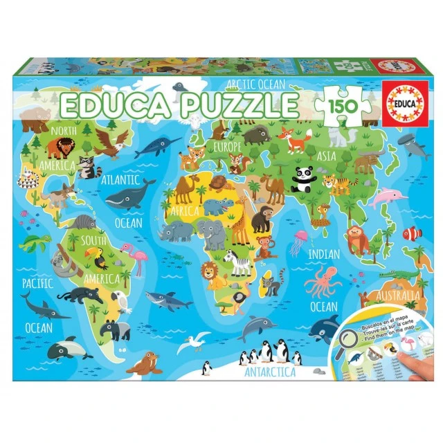 World map with animals - puzzle 150 pieces