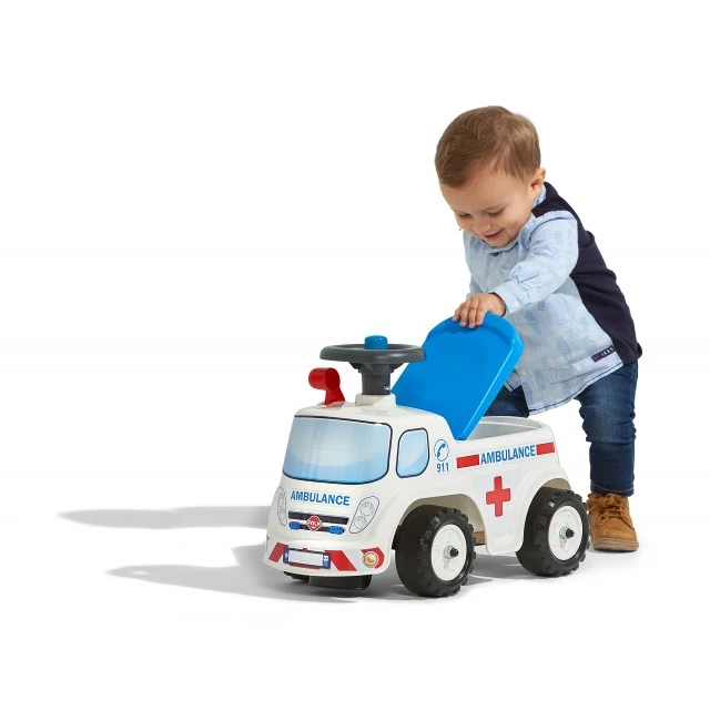 Childrens truck without pedals, opening seat and steering wheel with horn - ambulance