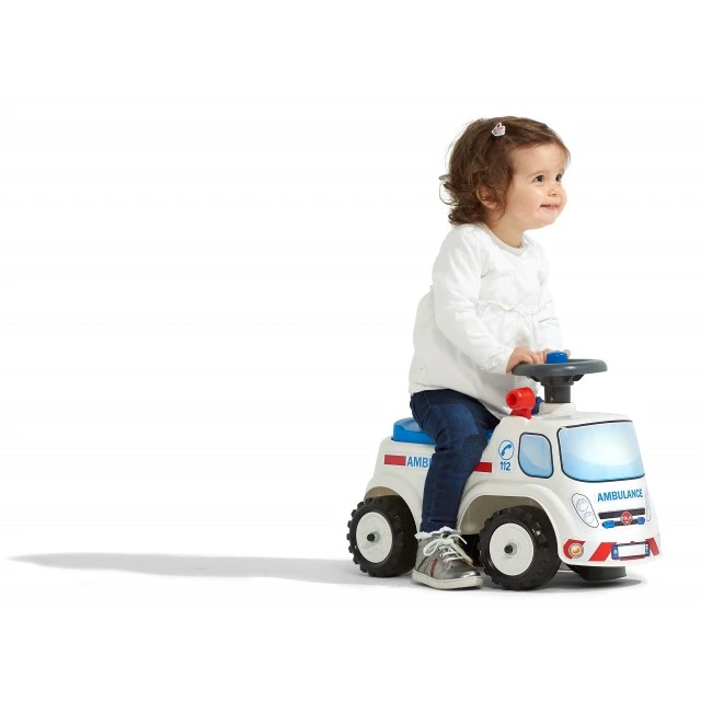 Childrens truck without pedals, opening seat and steering wheel with horn - ambulance