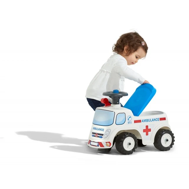 Childrens truck without pedals, opening seat and steering wheel with horn - ambulance