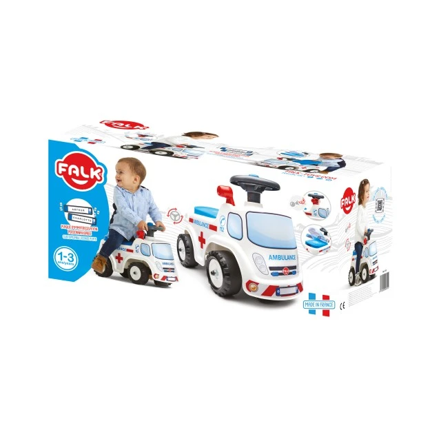 Childrens truck without pedals, opening seat and steering wheel with horn - ambulance