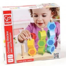 Multicolored wooden shapes for stringing