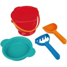 Set of bucket with shovel, rake and sieve