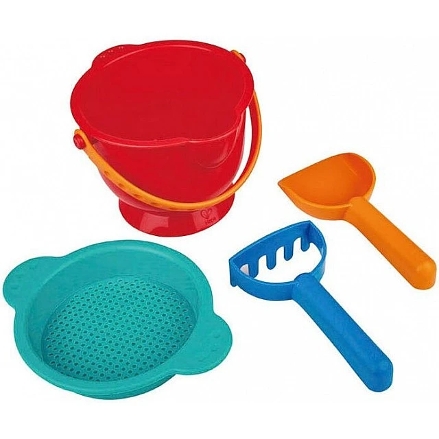 Set of bucket with shovel, rake and sieve