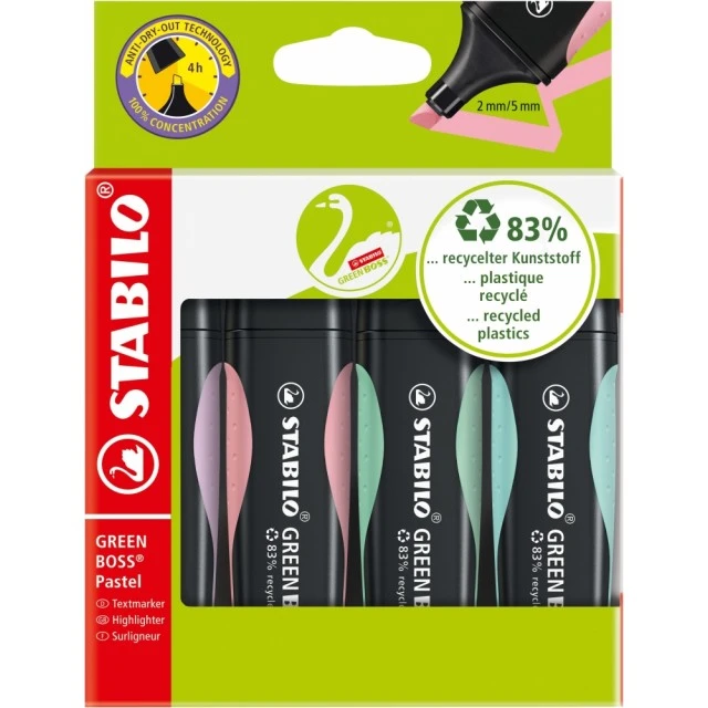 Комплект текст маркери, Stabilo, Green Boss ST6070/4-2 пастел, 4 цвята