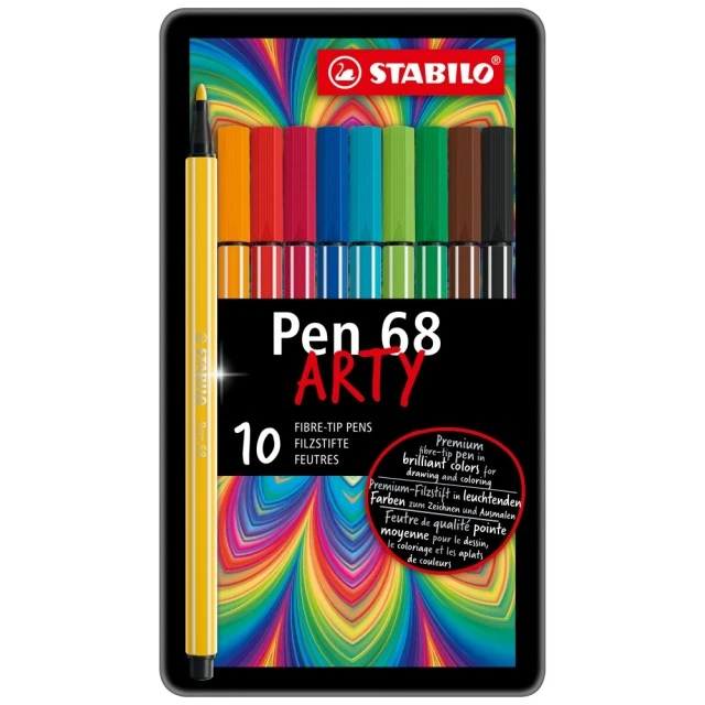 Комплект флумастери, Stabilo, Pen 68 Arty ST6810-6 метална кутия, 10 цвята