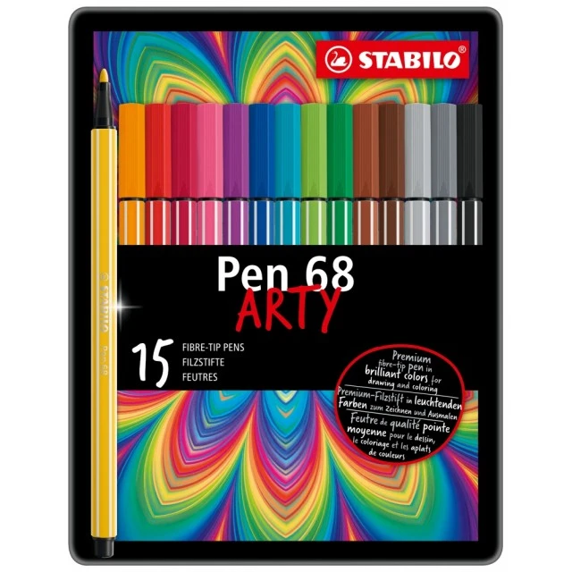 Комплект флумастери, Stabilo, Pen 68 Arty ST6815-6 метална кутия, 15 цвята