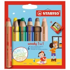 Set of colored pencils, Stabilo, Woody 3 in 1 + sharpener ST8806-2, 6 colors