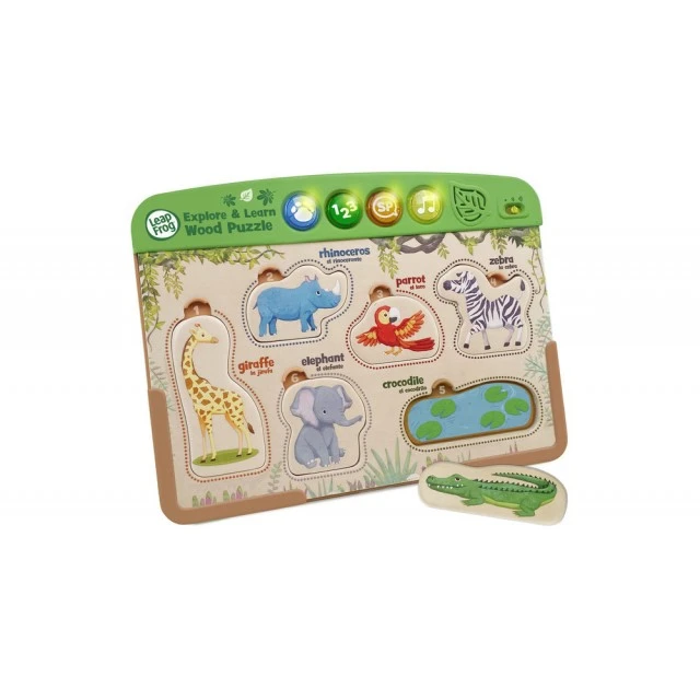 An interactive wooden puzzle with animals