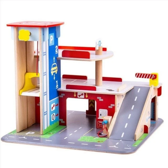 Wooden parking lot with garage