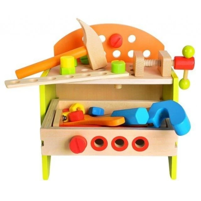 Wooden children’s workshop with tools