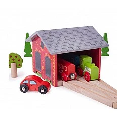 Bigjigs wooden railway set Double engine shed with sliding roof