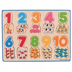Bigjigs - Дървен пъзел с числа и животни от фермата - образователна игра
