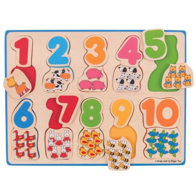 Bigjigs - Wooden puzzle with numbers and farm animals - educational game
