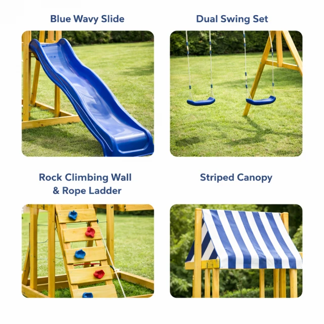 Children's Wooden Outdoor Play Set GINGER HOME 4 in 1 – Slide 1.8 m, 2 Swings, Climbing Frame and Rope Net, 308×318×244 cm