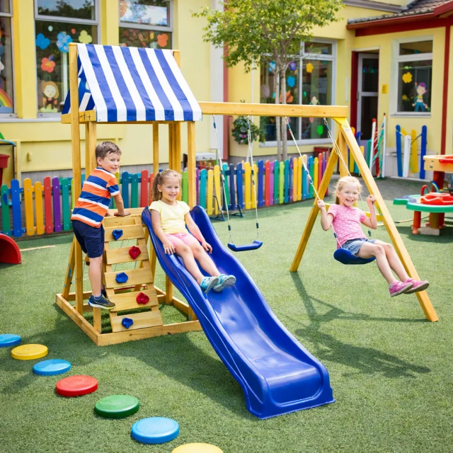 Children's Wooden Outdoor Play Set GINGER HOME 4 in 1 – Slide 1.8 m, 2 Swings, Climbing Frame and Rope Net, 308×318×244 cm