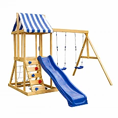 Children's Wooden Outdoor Play Set GINGER HOME 4 in 1 – Slide 1.8 m, 2 Swings, Climbing Frame and Rope Net, 308×318×244 cm