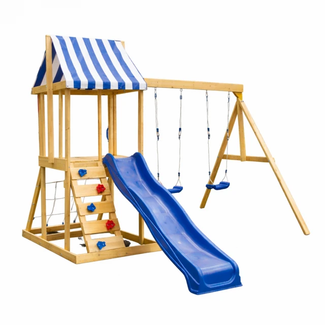 Children's Wooden Outdoor Play Set GINGER HOME 4 in 1 – Slide 1.8 m, 2 Swings, Climbing Frame and Rope Net, 308×318×244 cm