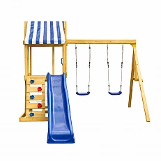 Children's Wooden Outdoor Play Set GINGER HOME 4 in 1 – Slide 1.8 m, 2 Swings, Climbing Frame and Rope Net, 308×318×244 cm
