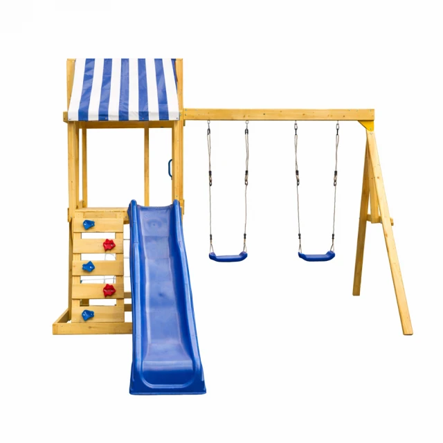 Children's Wooden Outdoor Play Set GINGER HOME 4 in 1 – Slide 1.8 m, 2 Swings, Climbing Frame and Rope Net, 308×318×244 cm