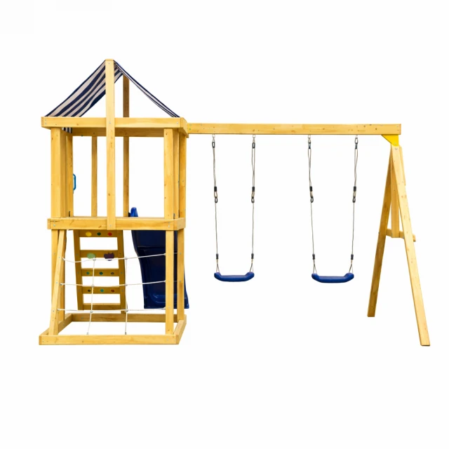 Children's Wooden Outdoor Play Set GINGER HOME 4 in 1 – Slide 1.8 m, 2 Swings, Climbing Frame and Rope Net, 308×318×244 cm